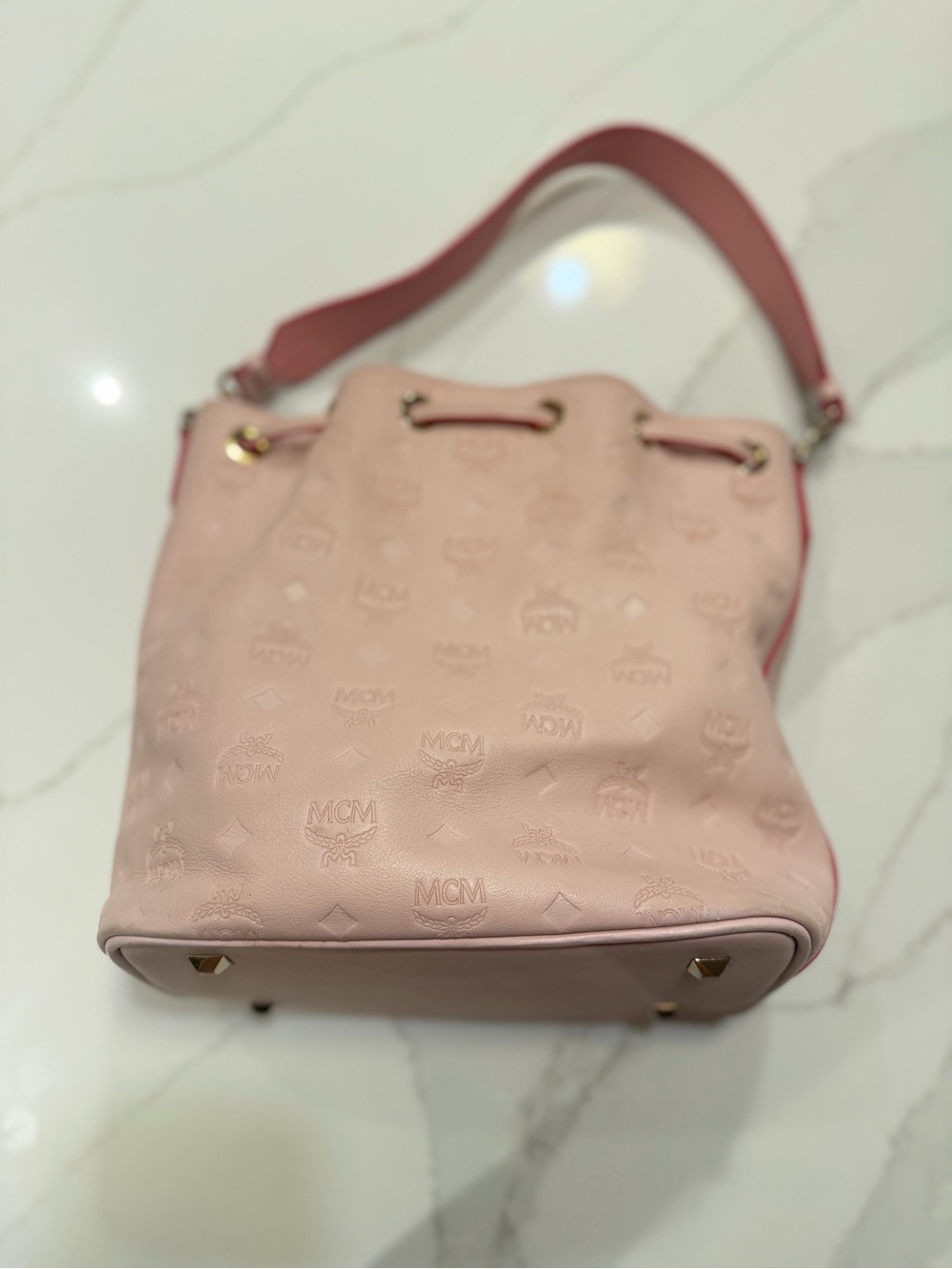 MCM Light Pink Embossed Drawstring Shoulder Bucket Bag - Picture 6 of 11